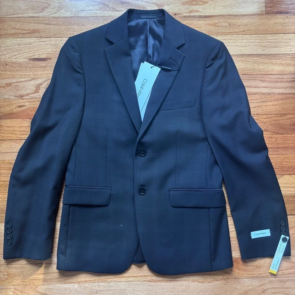 Calvin Klein Mens Black Plaid Wool Blend Suit Blazer Jacket 38 Short MSRP $450